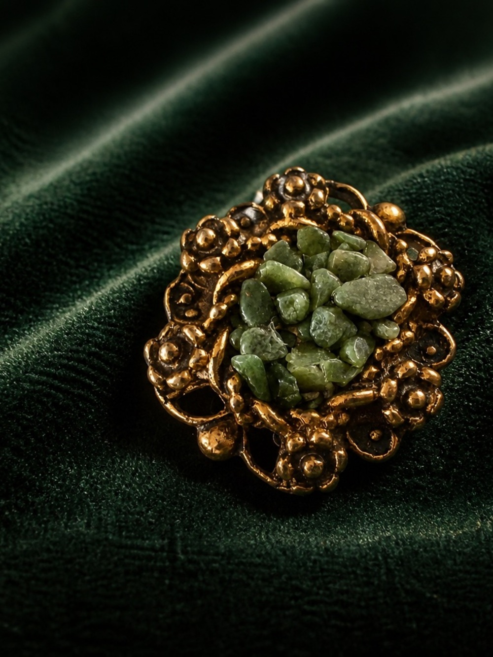 Vintage Gold Floral Brooch with Green Stone Chips